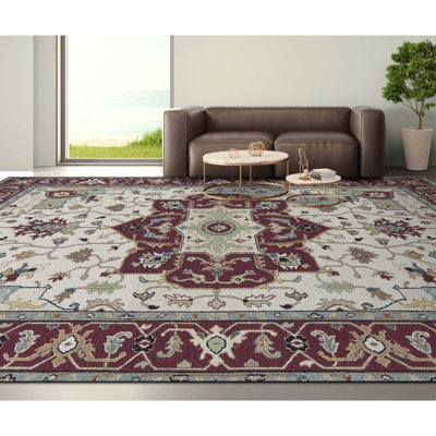 Tapis rouge et beige noué à la main de haute qualité