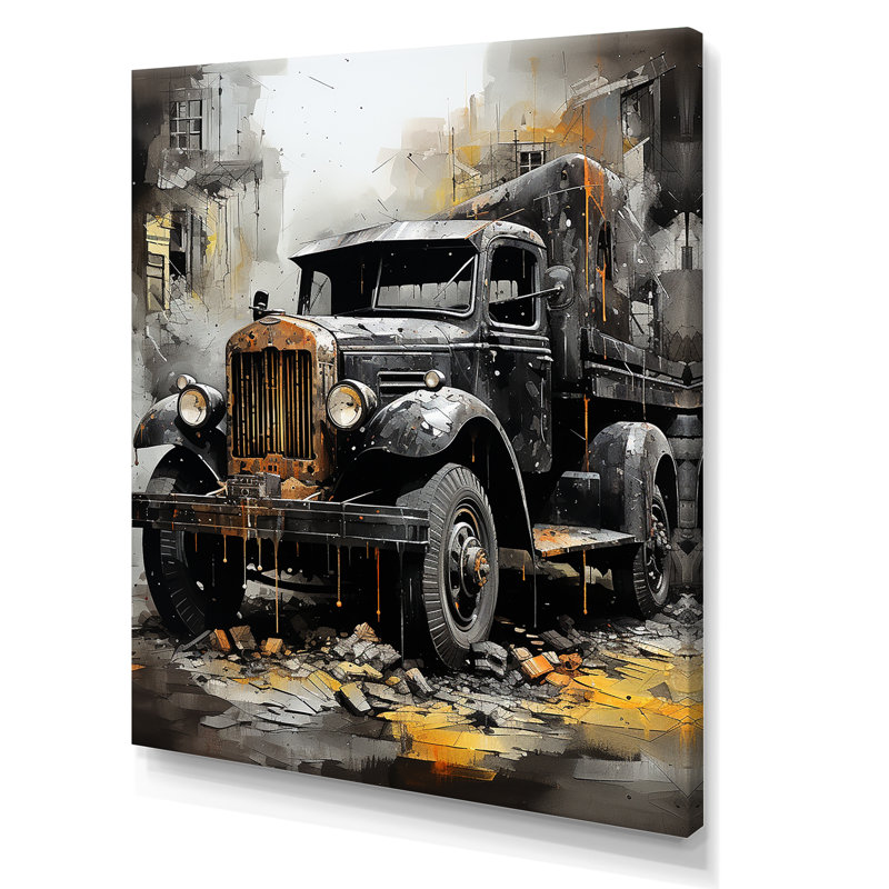 Vieux camion d'ordures noir, reproduction sur toile, Toile tendue, H 32 po x l 24 po x P 1 po