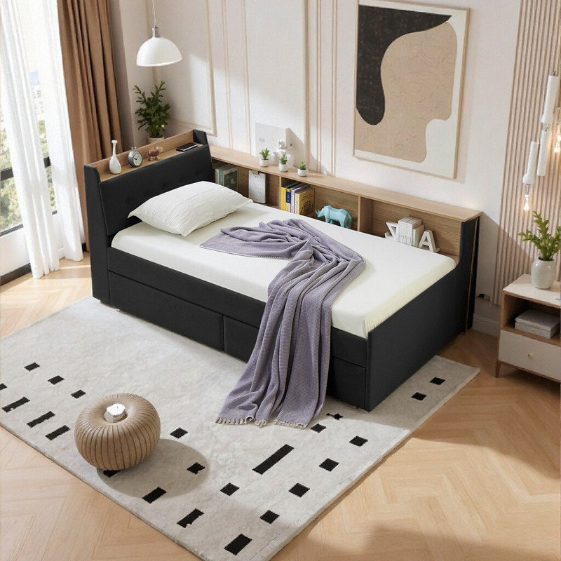 Twin Size Smart Daybed with Storage Drawers, LED Headboard & Wireless Charging, Black