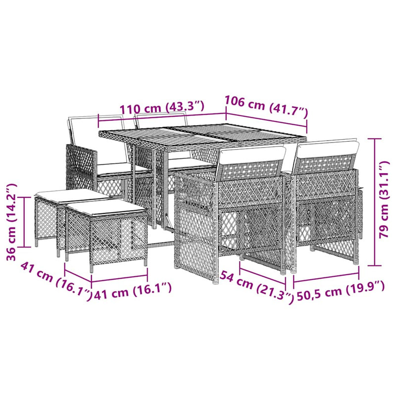 Patio Dining Set with, 9 Pieces: Table, 4 Stools, 4 Chairs, 73cm H x 110cm W x 106cm D, Grey Cushion/Grey Frame