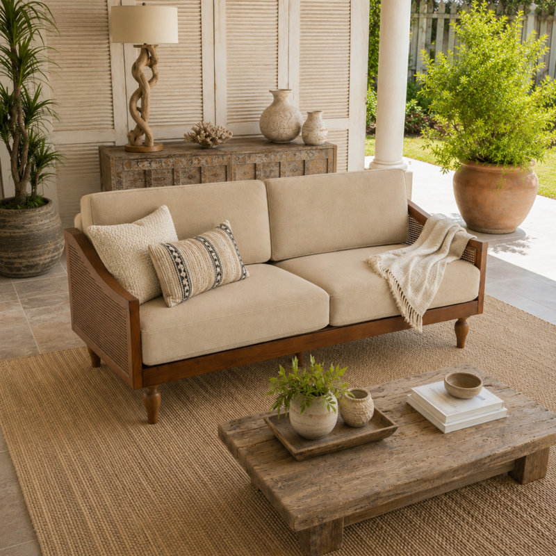 71" Mid-Century Chenille Loveseat Sofa, Rattan Arms and Rubber Wood Legs for Living Room, Brun clair + brun
