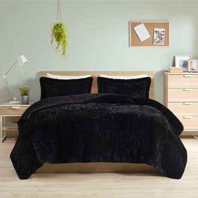 Édredon très grand / très grand avec une texture de fourrure longue et poilue, une douce fourrure de chambre noire, 2 taies décoratives chaudes et douillettes