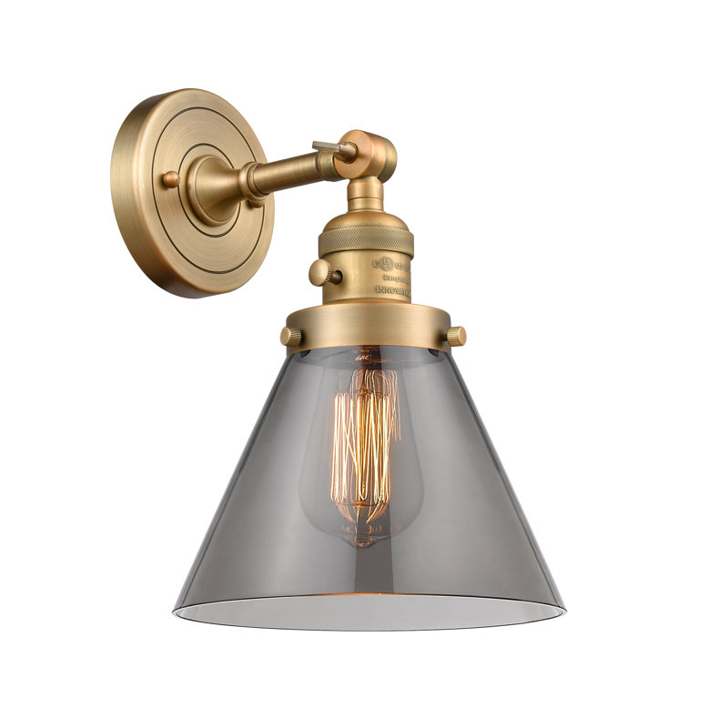 Applique murale 1 lumière Cone, Fumé, Ampoule à DEL rétro de 3,5 W, Laiton brossé