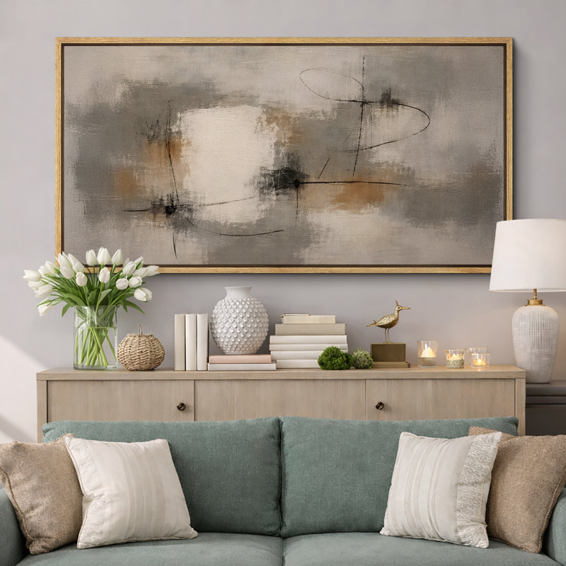 Soft Neutral Abstract Artwork with Linear Black Accents, Living Room Pictures, Framed Canvas Giclee Print Wall Art