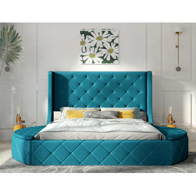 Upholstered Platform Bed Queen Size Storage Velvet Bed With Wingback Headboard