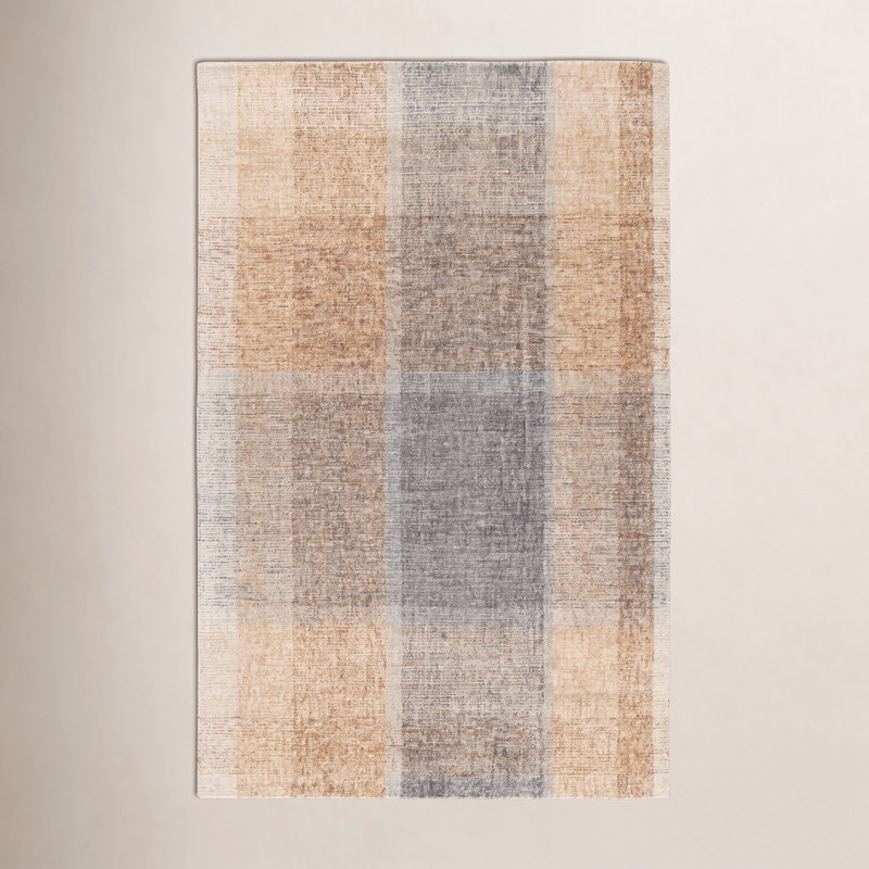 Light Brown Blue Hand-Tufted Geometric Wool Rug, Rectangle 6' x 9'