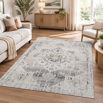 Tapis moderne et facile à nettoyer de 6 pi 7 po x 9 pi, en polyester crème / beige Payas Collection Medallion, facile à nettoyer pour le salon, la chambre à coucher et la salle à manger