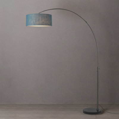 Float 92" Arc Lamp - Black Nickel, Black Marble Base,  Pool Blue Linen Drum Half-Dome, Dimmable, Bulb Included