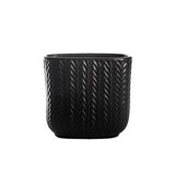 Ceramic Tall Oval Pot with Embossed Seamless Arrow Column Pattern Design Body and Bellied Bottom Base Matte Finish Black..10.50"x5.25"x10.00"H