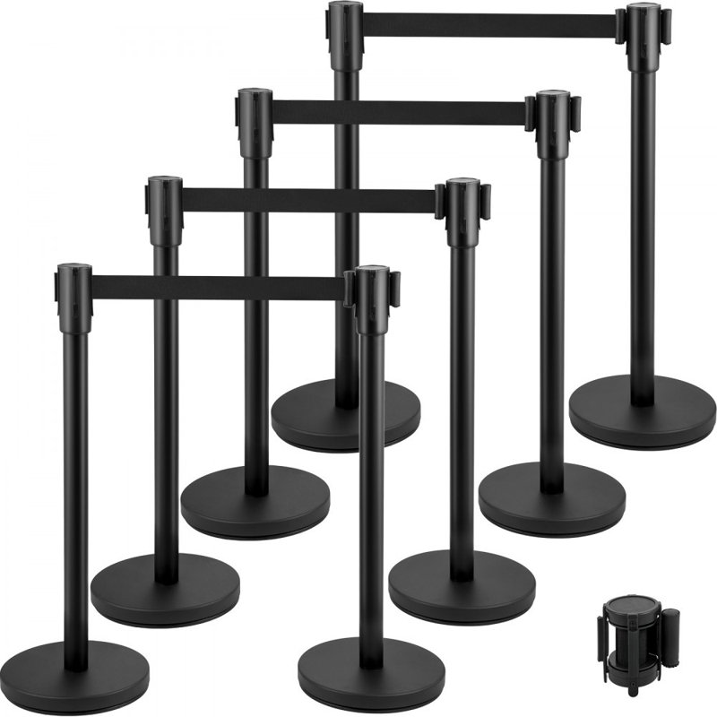 Poteau de contrôle des foules, ensemble de poteaux, ensemble de poteaux avec ceinture rétractable noire de 6,6 pi / 2 m, barrière de contrôle des foules noire avec base en béton et en métal - Assemblage facile à connecter