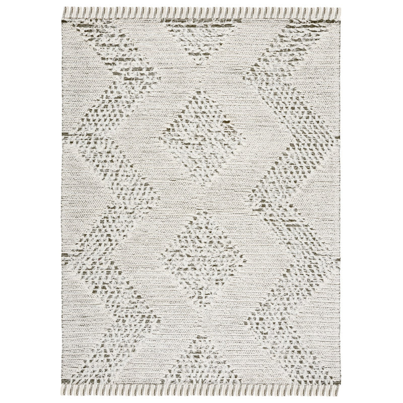 Jiren Flat Weave Wool/Cotton Geometric Rug in Green/Ivory, Rectangle 8' x 10'