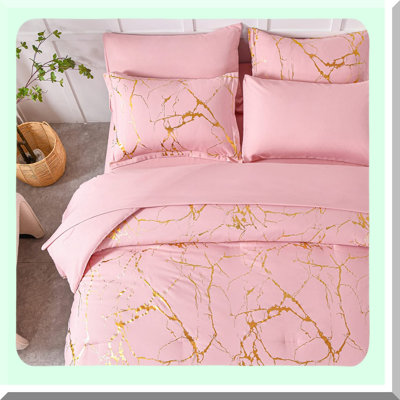 Pink Glitter Marble Comforter Set - Queen Size 7 Piece Bed in a Bag - Soft Microfiber Bedding Set - All Season Complete Bedding Set - F Print Gold Metallic Sheets