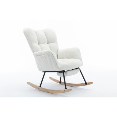 067-Teddy Fabric Leisure Rocking Chair With Adjustable Footstool,Nursery Rocking Chair, High Backrest, Storage Pocket On The Right Side,The Base Rocker Is Solid Wood And Metal,Ivory