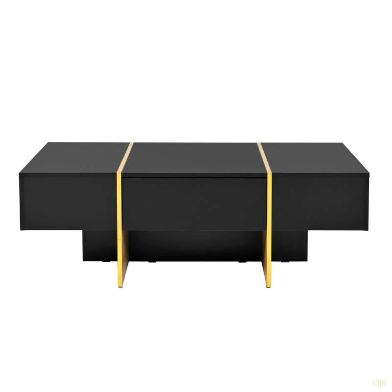 Table basse On-Trend de 47,2 po x 31,4 po minimaliste ultra-brillante avec 2 tiroirs, table de canapé rectangulaire multi-rangement avec pieds en grain de bois doré, table centrale moderne pour le salon, noir
