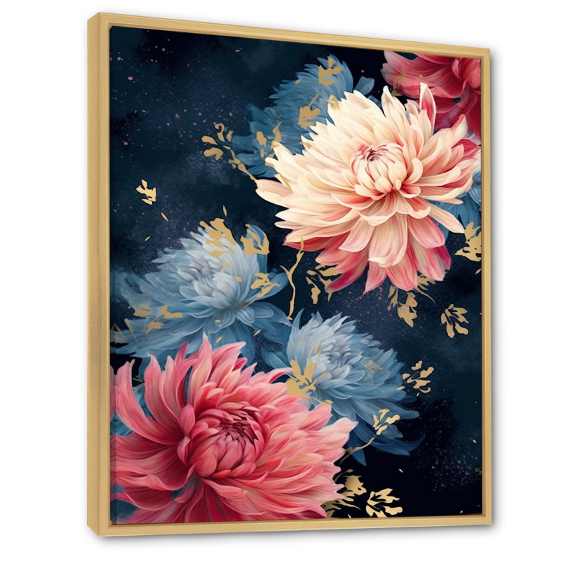«Pink and Blue Chrysanthemums Symphony - Chrysanthemums», reproduction sur toile, H 32 po x l 16 po, Cadre naturel flottant