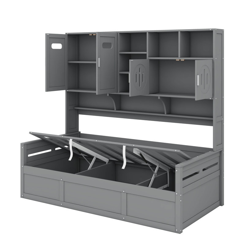 Lit de jour en bois, intégré avec mécanisme hydraulique, armoire et support, Gris, Lit simple