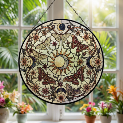 Moth Moon Stained Glass Window Panel，7.8H