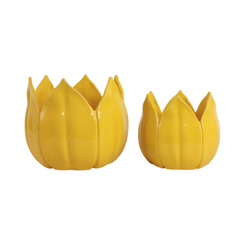 Set Of 2 Stoneware Ceramic Planters With Petal Design And Drainage Hole, Yellow