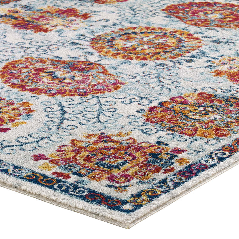 Ivory and Blue Floral Synthetic Rectangular 8' x 10' Area Rug