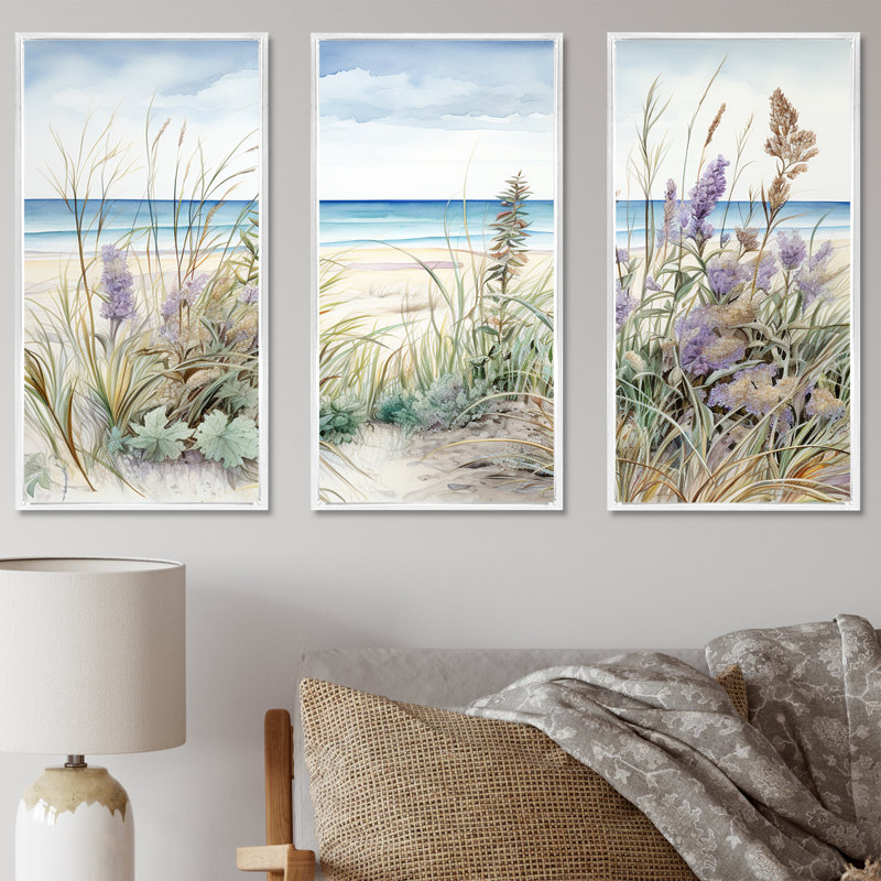 Plant Beauty On The Beach I - Ensemble de décorations murales plantes, H 28 po x l 36 po x P 1 po, Cadre flottant blanc