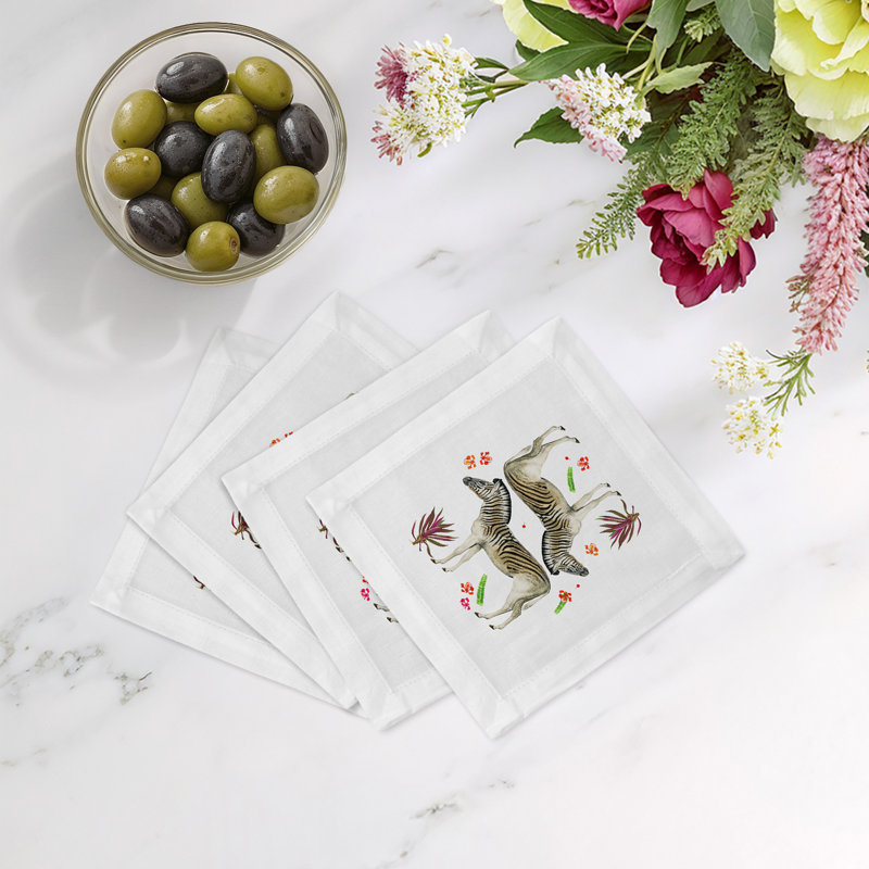 Serviette de cocktail en satin de coton à motif zébré, Noir / blanc / beige
