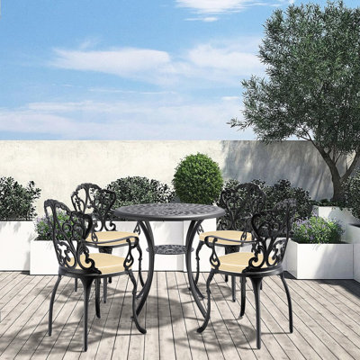 Mobilier de patio 5 pièces avec coussins de couleur aléatoire, structure en aluminium, capacité de poids de 160 lb pour la table, table ronde, conception empilable, revêtement en fonte pour la salle à manger et les intempéries, chaises ergonomiques, pour