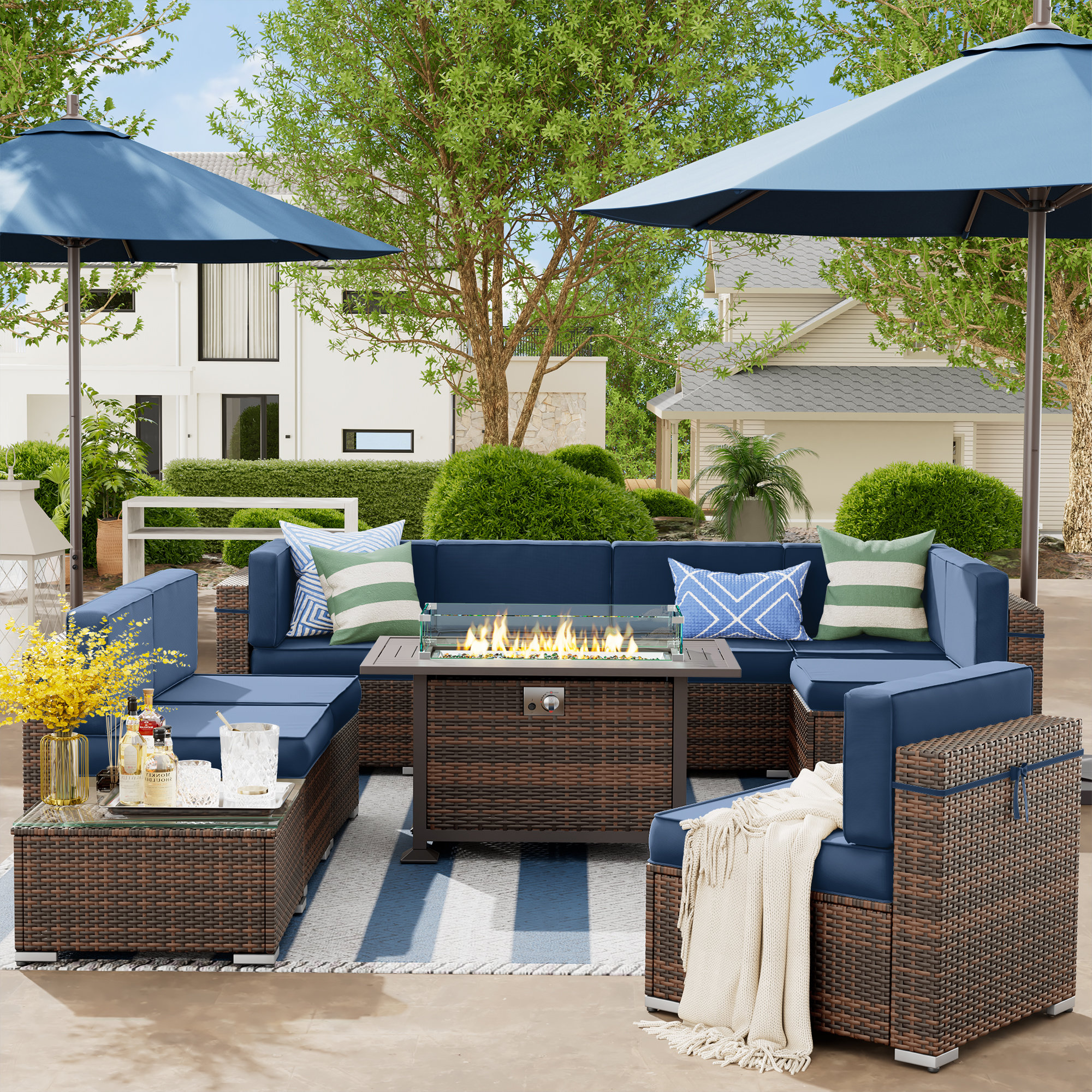 Morland 5 Piece Rattan Sectional Seating Group with Cushions Sand & Stable Cushion Color: Turquoise