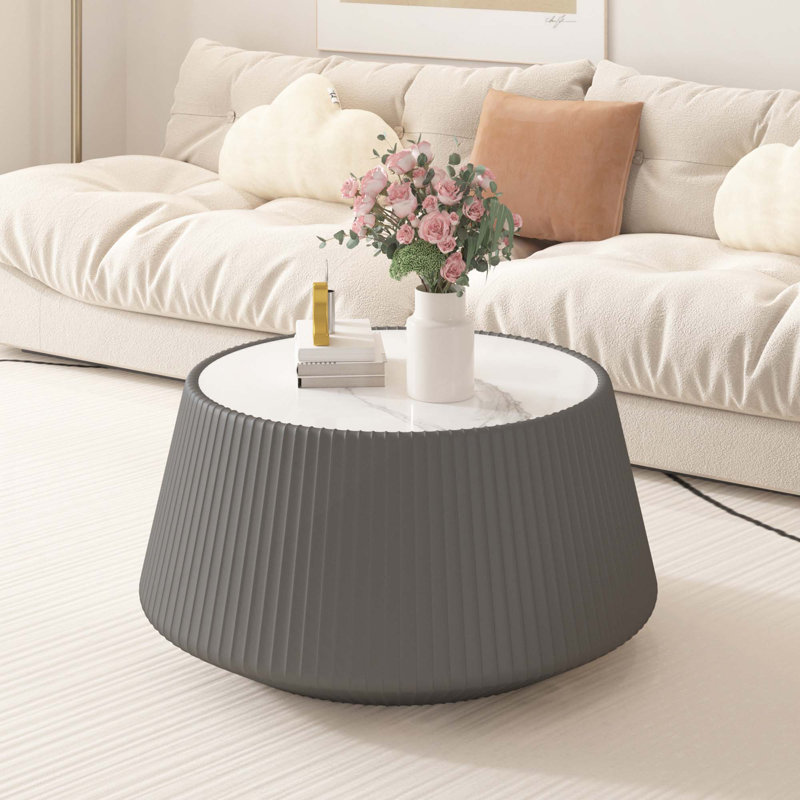 Table basse moderne en cuir fritté avec dessus en pierre, H 20,47 po x l 19,68 po x P 19,68 po, Marbre blanc / blanc crème 