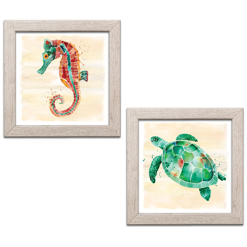 «Seahorse and Turtle», ensemble de 2 reproductions d'impressions, Papier encadré patiné, H 14 po x l 14 po x P 0,75 po