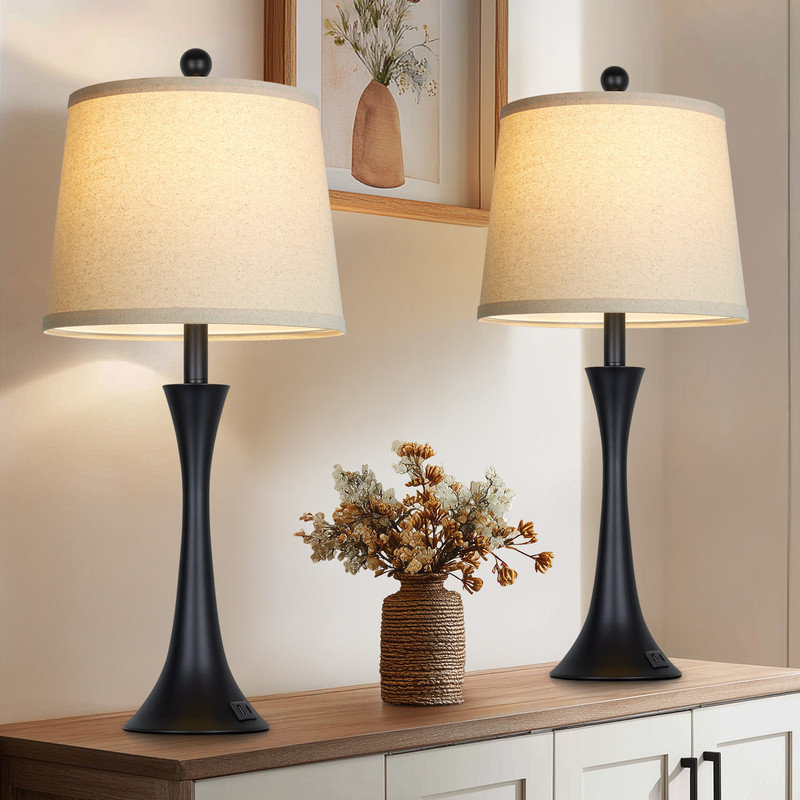 Modern Black Table Lamps with USB-C Ports, Touch Control, 27.5" Height, Oatmeal Fabric Shade, Black