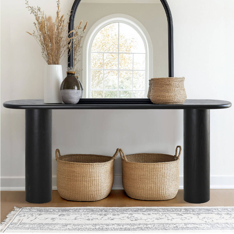 70" Oval Narrow Console Table with Black Solid White Oak Veneer, Black