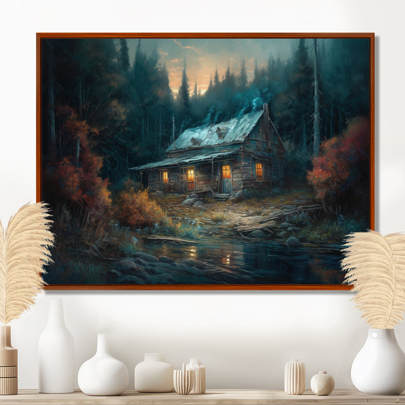 Cabine dans les bois - art mural sur toile forêt, H 34 po x l 44 po x P 1,5 po, Cadre flottant brun