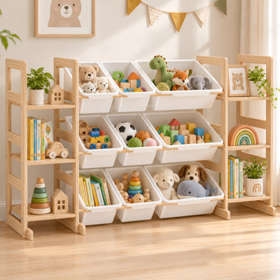 Bibliothèque pour enfants et rangement pour jouets à 6 niveaux avec 9 paniers à jouets en bois et blanc cassé