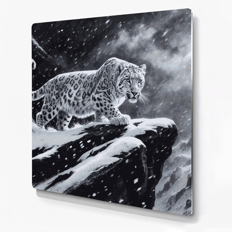 Faune, neige, léopard gris, art mural en métal, H 12 po x l 12 po