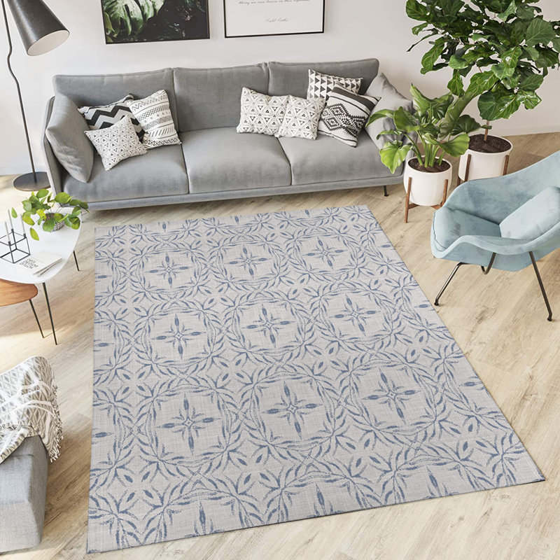 Tapis d'intérieur / extérieur en polyester tissé à la machine à motif géométrique rectangulaire bleu / beige