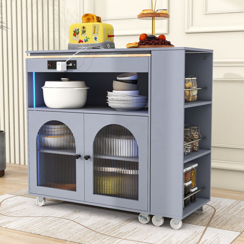Modern Rolling Kitchen Island Cart with Built-in Charging Station, LED Lighting and Ample Storage, Gray Blue