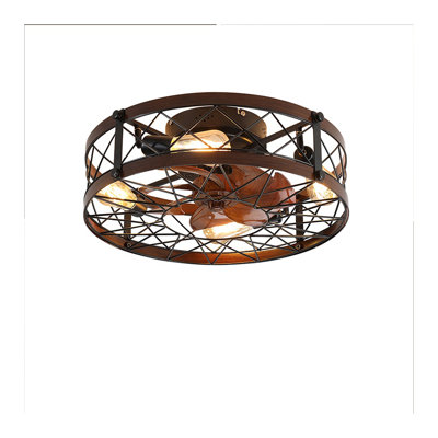 20-Inch Industrial Caged Ceiling Fan with Lights, Black Flush Mount Farmhouse Fan Light Fixture, Reversible Motor for Small Rooms & Bedrooms