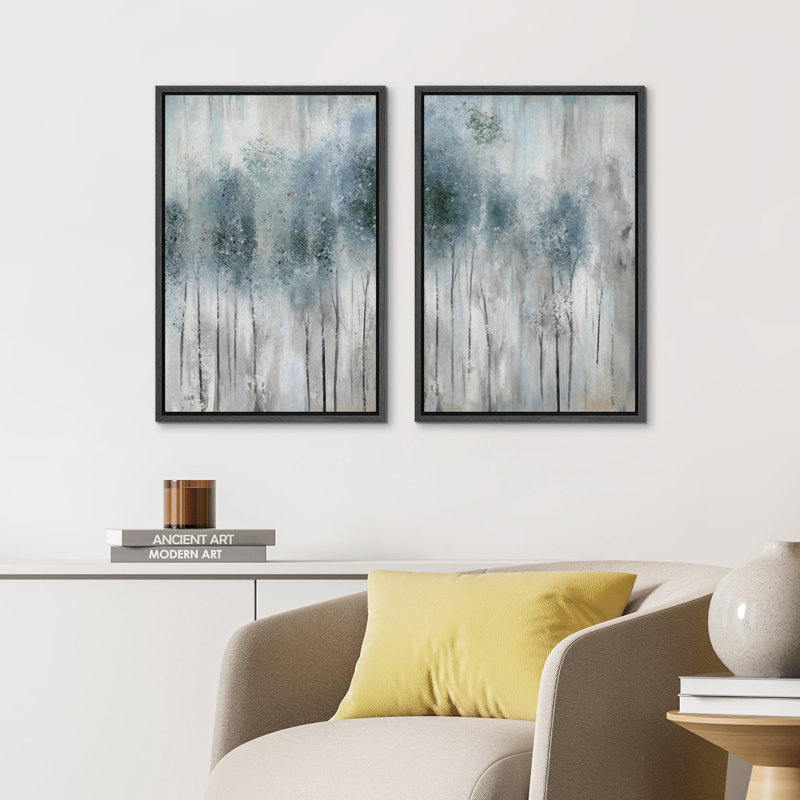 Abstrait forêt pastel aquarelle bleu sarcelle forêt abstraite paysage encadré sur toile 2 pièces, Noir, H 36 po x l 48 po