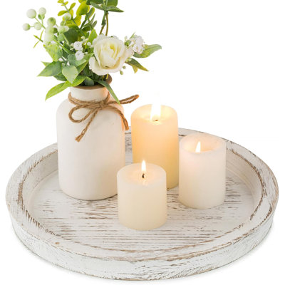 Candle Plate Holder Tray: Round Wooden Decorative Candle Plate Small Farmhouse Table Centerpiece Rustic White Wood Tealight Pillar Trays For Home Decor