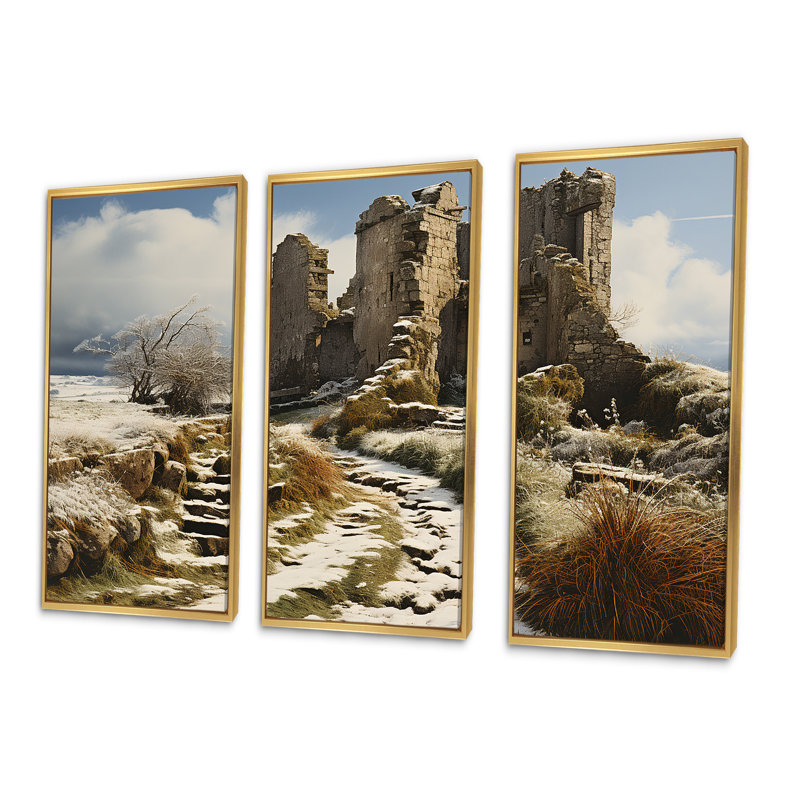 «Castles Winter Beauty - Châteaux», ensemble d'art mural, Cadre flottant doré, H 32 po x l 48 po x P 1 po