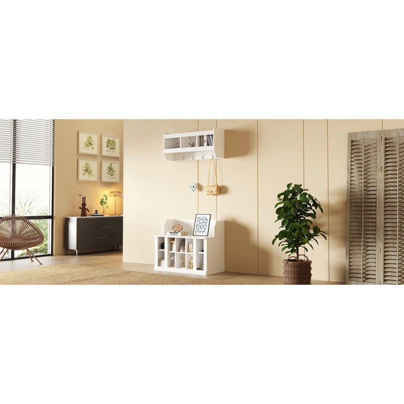 Shoe Storage Bench With Shelves And 4 Hooks, Elegant Hall Tree With Wall Mounted Coat Rack, Entryway Organizer For Hallway, Foyer, Mudroom