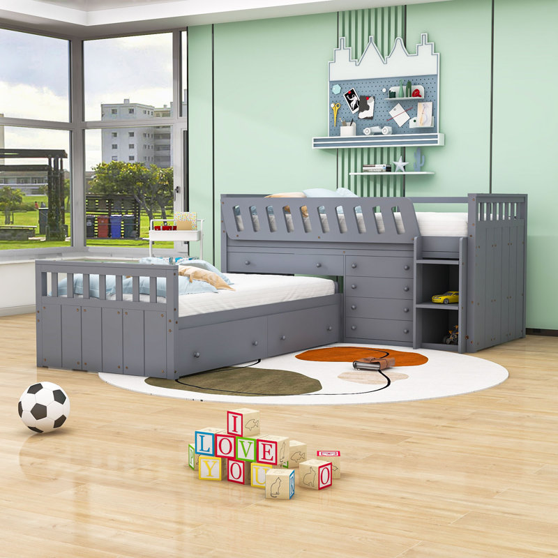 Lit superposé simple en bois 7 tiroirs, gris