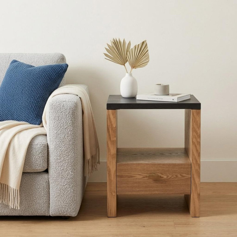 Table de bout à piédestal en bois noir 20 po avec tiroir