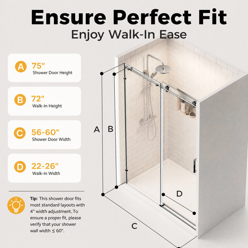 56-60" W X 76" H Frameless Shower Door, Magnetic Sliding Glass Shower Door, 5/16"(8mm) Thick Tempered Glass, Leak-proof Seals, Stainless Steel Hardware, Easy-clean Nano Coating, Bright Silver
