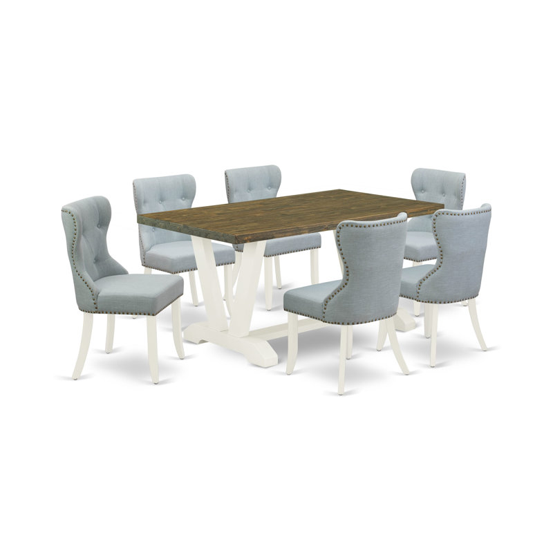 Ensemble de salle à manger en bois d'acacia massif, Jacobin patiné, H 30 po x L 60 po x l 36 po, 7 pièces : table, 6 chaises