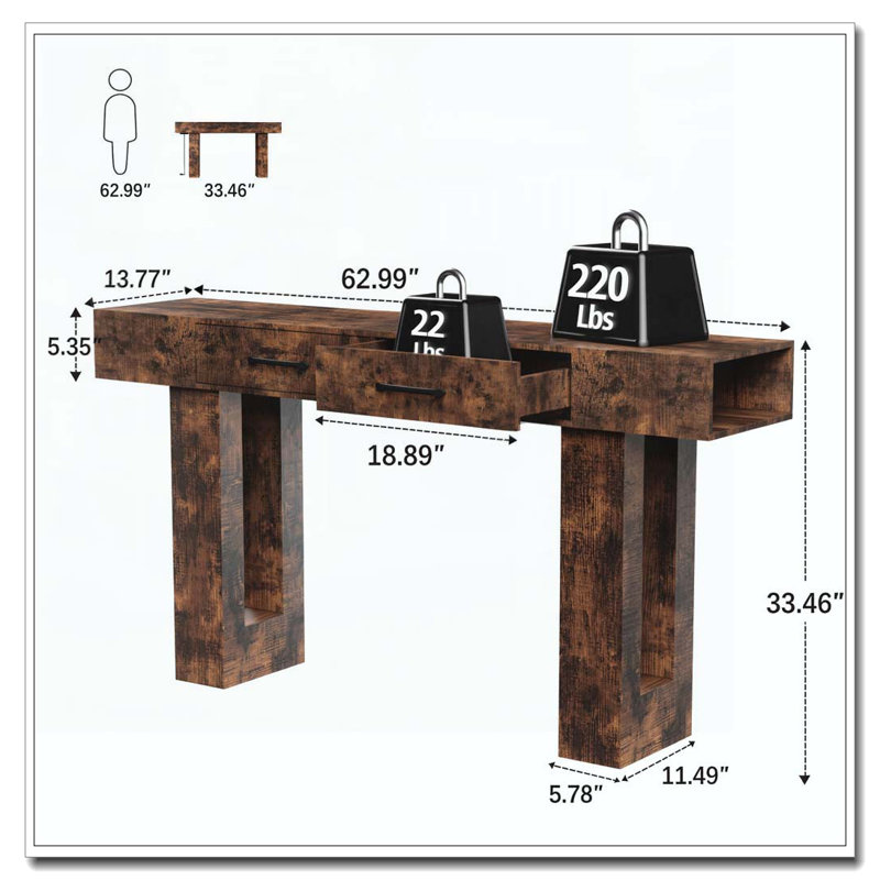 Console de 63 pouces de long avec canapé rectangulaire en bois derrière le canapé, Brun rétro
