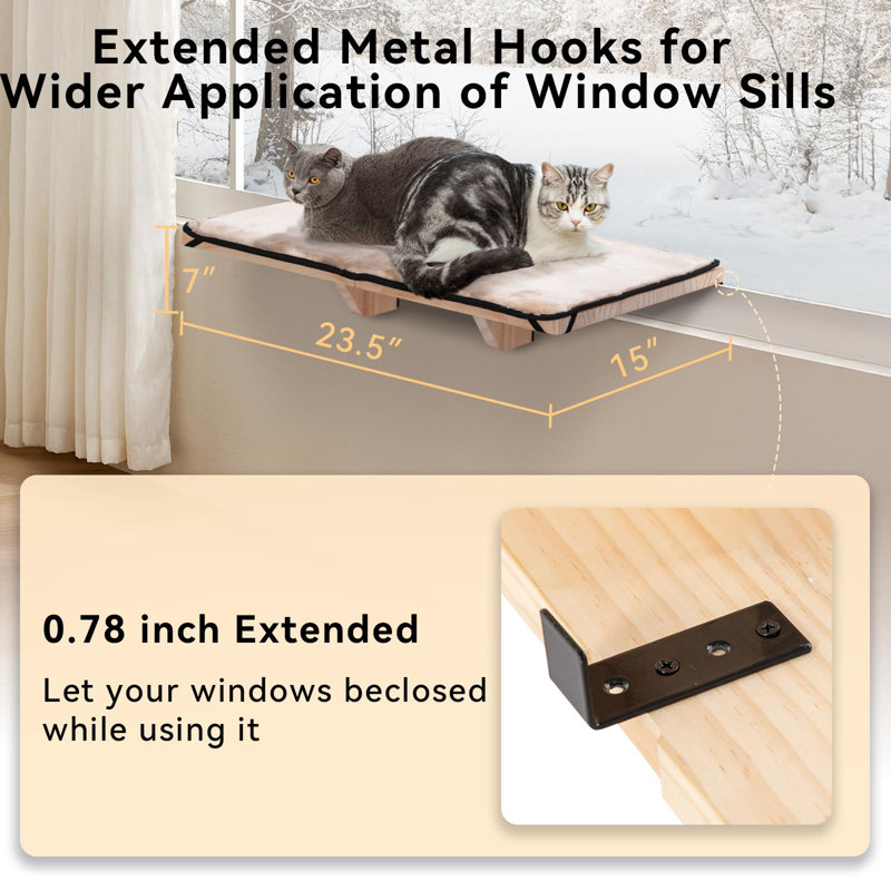 Large Natural Wood Cat Window Perch with Fleece Mat
