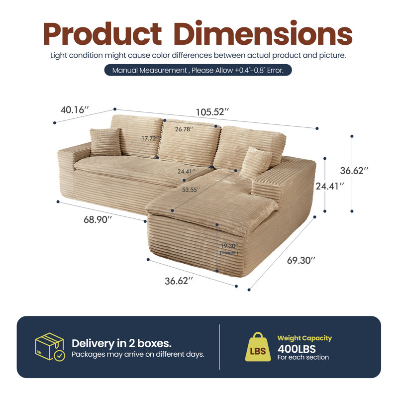 Canapé modulaire rembourré 105,52 po avec chaise longue en forme de L et canapé modulaire pour chambre à coucher