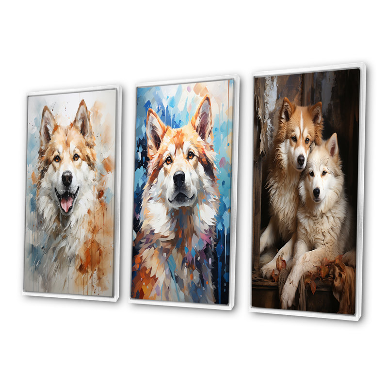 Chien Akita Affection - ensemble de 4 reproductions d'art mural, Cadre flottant blanc, H 28 po x l 36 po