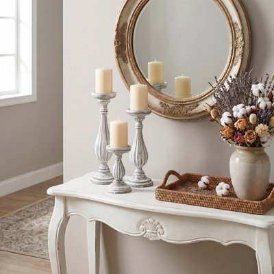 Ensemble de 3 porte-bougies en bois, ensemble de chandeliers sur colonne sculptés de style campagnard français, chandelles en résine patinée blanchie pour manteau et table